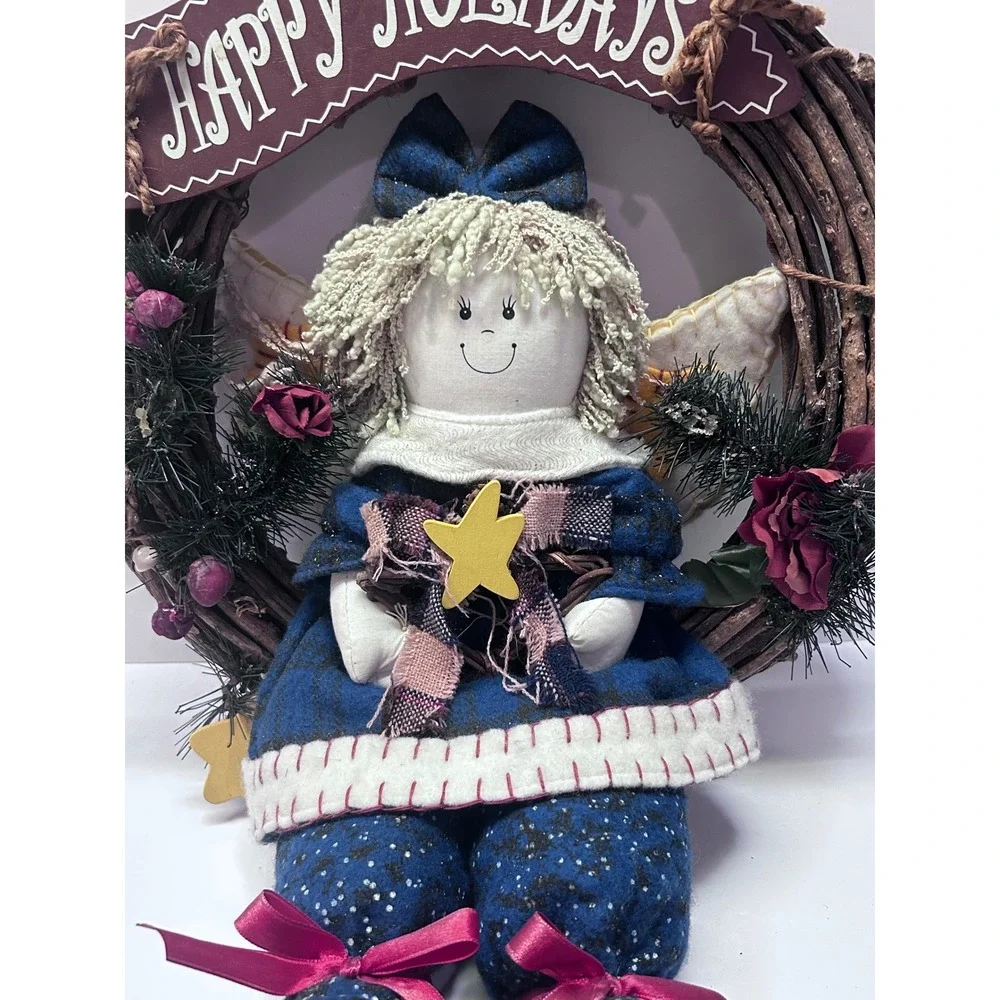 Vintage Handmade Christmas Angel Wreath Wall Hanging Happy Holidays Grapevine